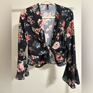 Long Sleeve Floral Top flare sleeve detail tie front